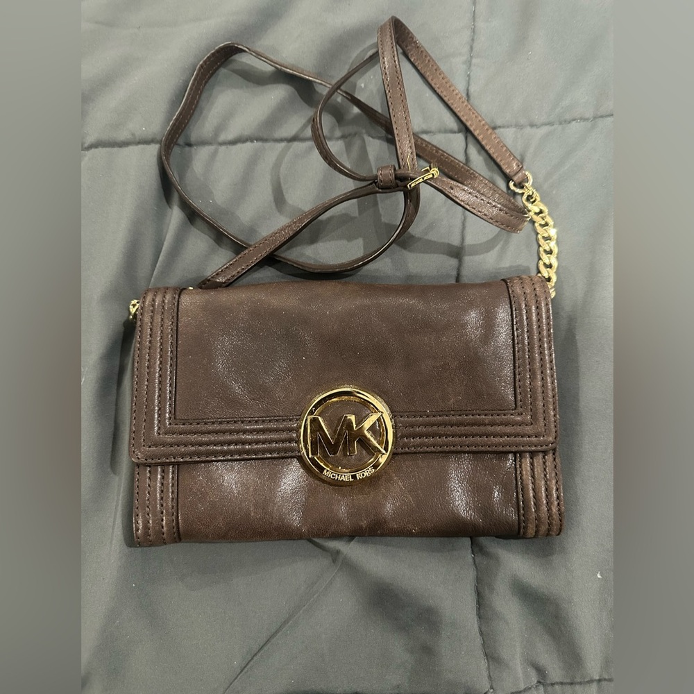 Michael Kors Dark Brown Crossbody Bag with Gold Accents